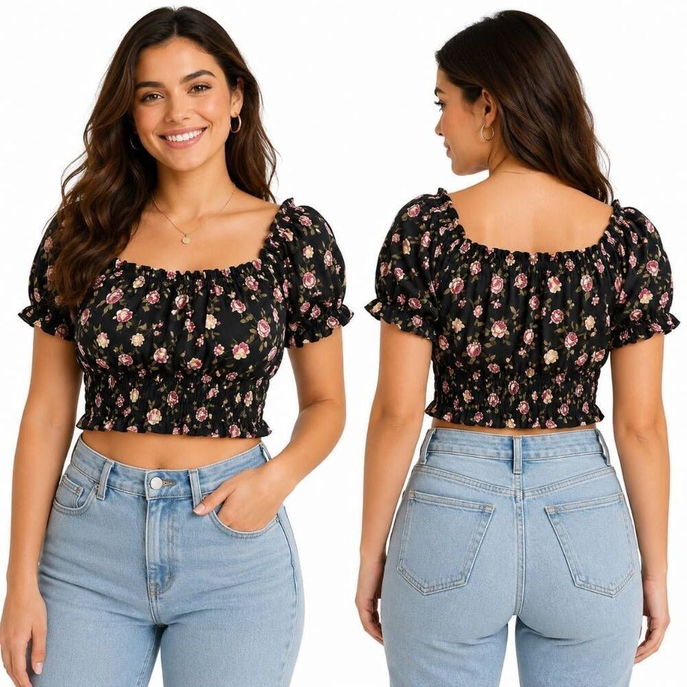 Celebrity Pink M Floral Rose Peplum Puff Sleeve Top